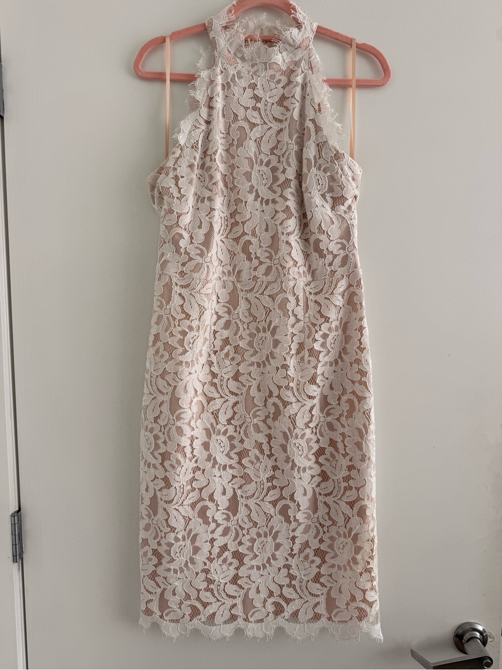 Sleeveless Lace Halter Sheath Dress in Blush
